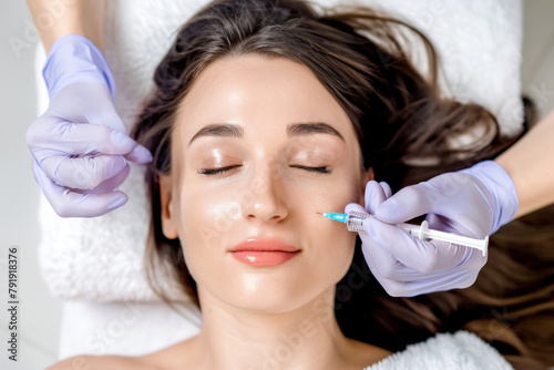 Serene woman with closed eyes receiving a gentle facial injection  conveying tranquility