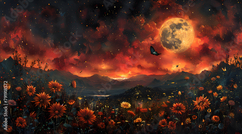 Lunar Eclipse Symphony: Mystical Oil Painting of Reddish Sky Bathing Flowers in Radiance