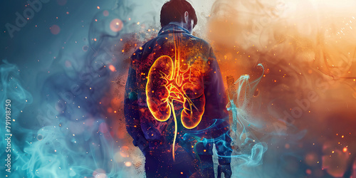 Chronic Kidney Disease (CKD): The Fatigue and Swelling - Visualize a person with highlighted kidneys showing dysfunction, experiencing fatigue and swelling photo