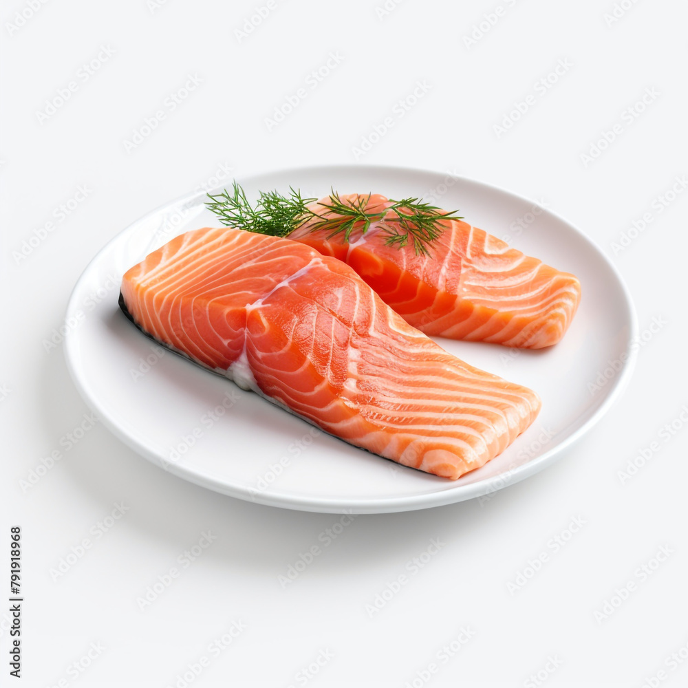 white plate with delicious, well cooked salmon сreated with Generative Ai white plate with delicious, well cooked salmon сreated with Generative Ai