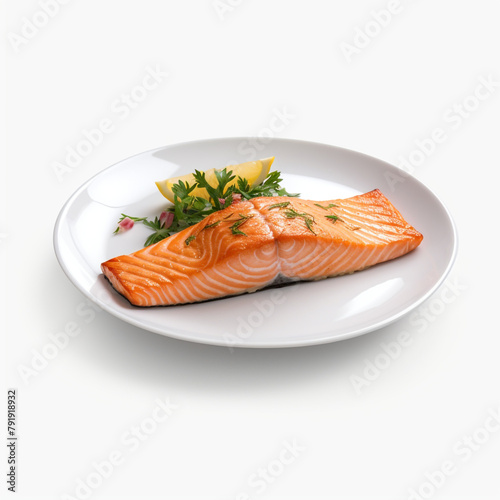 white plate with delicious, well cooked salmon сreated with Generative Ai