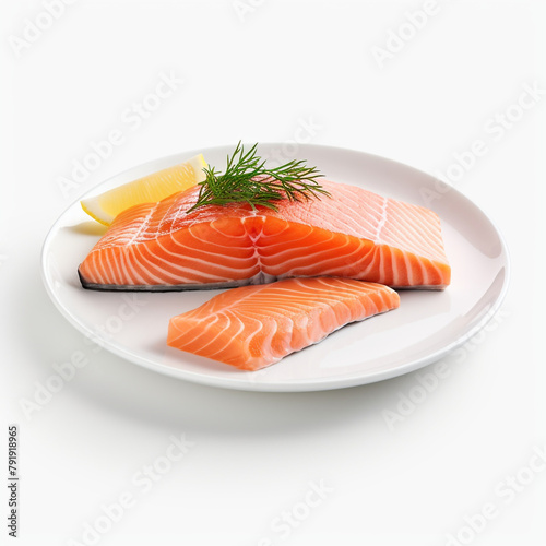 white plate with delicious, well cooked salmon сreated with Generative Ai