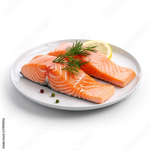 white plate with delicious, well cooked salmon сreated with Generative Ai