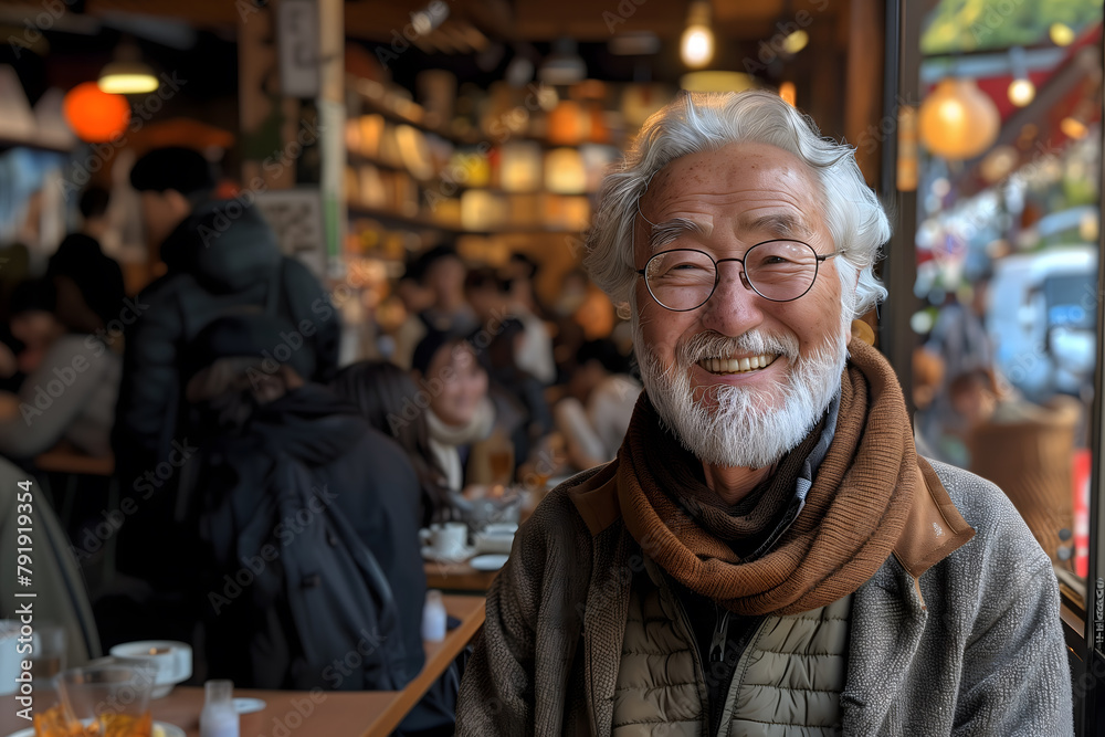 Smiling korean senior man with glasses in a lively cafe environment
