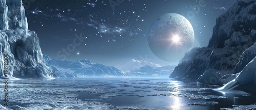 A frozen moon with a large moon in the sky.