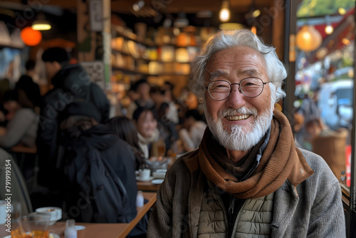Smiling korean senior man with glasses in a lively cafe environment