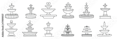 Collection of fountain in doodle style. Fountain icons set. Hand drawn vector art.