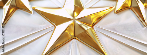 Golden 3D stars on white pleated fabric background, conveying luxury, success and celebration.