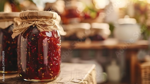 Homemade fruit jam in the jar close up photo
