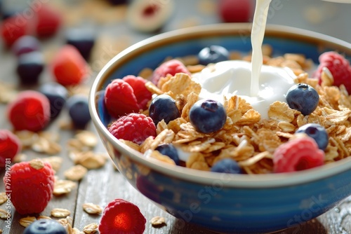 Vibrant Breakfast Bowl: Milk Swirling Amongst Cereal and Colorful Berries