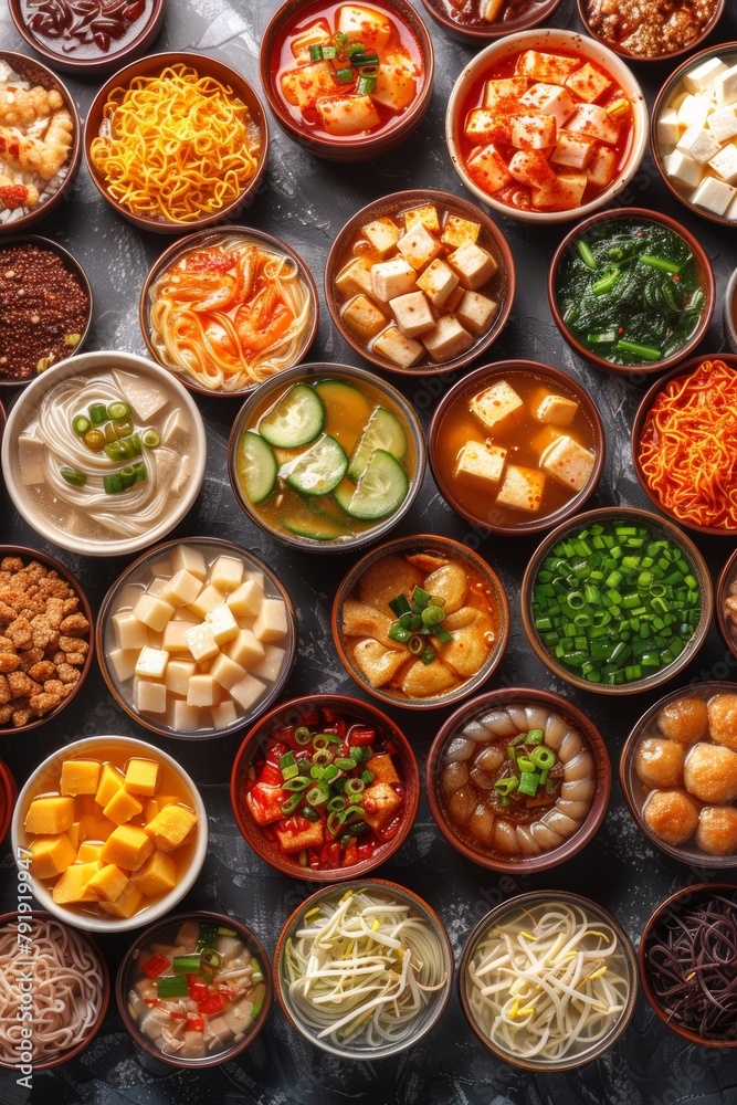 A large number of bowls filled with different types of food, AI A large number of bowls filled with different types of food, AI