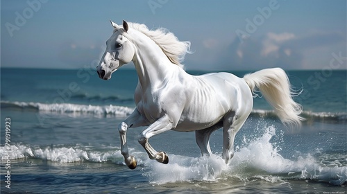 White horse running on beach, alone, strong, majestic Illustration of powerful horse galloping amidst nature, with shadow Horseback riding, farm, wildlife
