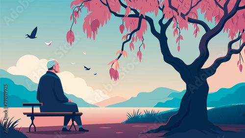 Underneath a majestic weeping willow tree an elderly man rests on a bench his face full of contentment as he gazes up at the vibrant pink
