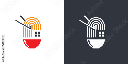Simple Noodle Home Logo. Bowl, Noodle and Home, House, Restaurant Food with Linear Outline Style. Noodle Homade Logo Icon Symbol Vector Design Inspiration.