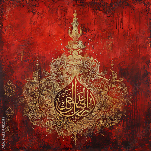 Red gold ornate calligraphy festive spiritual design evokes faith hope celebration.
