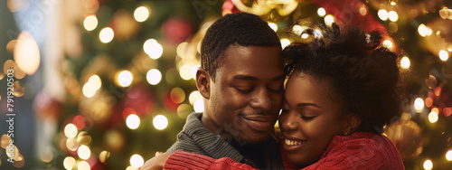 Romantic couple, red and gold, warm Christmas hug, love, intimacy, festive season.
