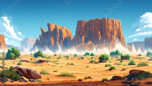 Contemporary cartoon depicting a sandstorm in a desert landscape with rocky cliffs, green trees, and smog. Concept Cartoon, Sandstorm, Desert Landscape, Rocky Cliffs, Green Trees, Smog