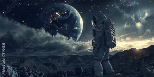 An astronaut in a spacesuit standing on a rocky moon-like landscape looking at a blue planet Earth with stars in the background in a realistic style.