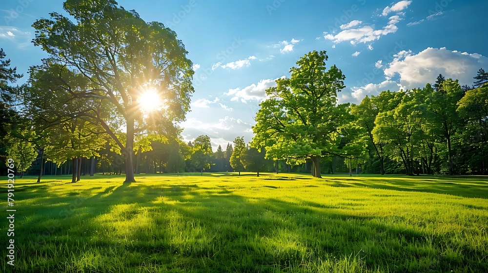 Landscape in summer with trees and meadows under bright sunshine