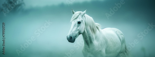 Ethereal White Horse in Misty Landscape 