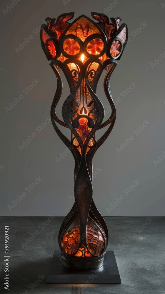 An art nouveau lamp made of metal and stained glass.