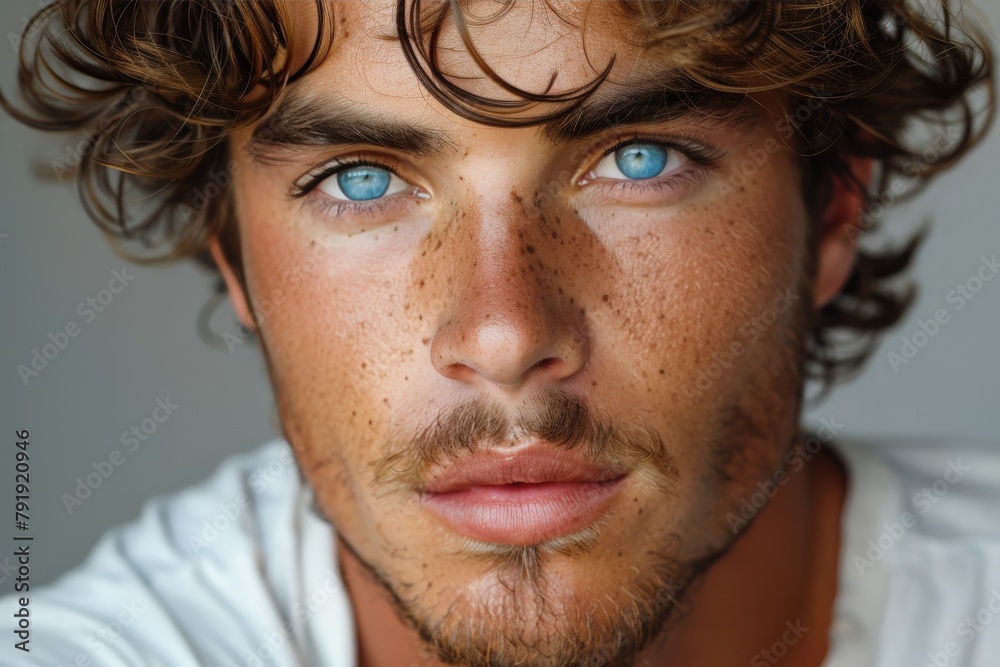 A portrait of a young man with curly hair and striking blue eyes The attention is on his facial features and expression A portrait of a young man with curly hair and striking blue eyes The attention is on his facial features and expression