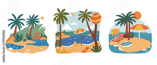 Summer Beach Party or Tropical Island Icons. Vector Illustration.