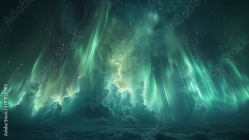 An ethereal landscape of swirling clouds and celestial lights