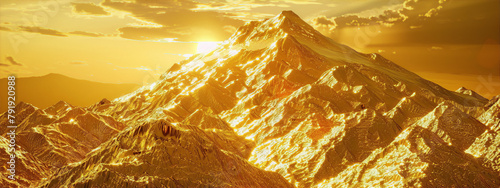 molten gold mountain range landscape, 3d rendering, trending on ArtStation, gold, sunset, peak, summit, range,