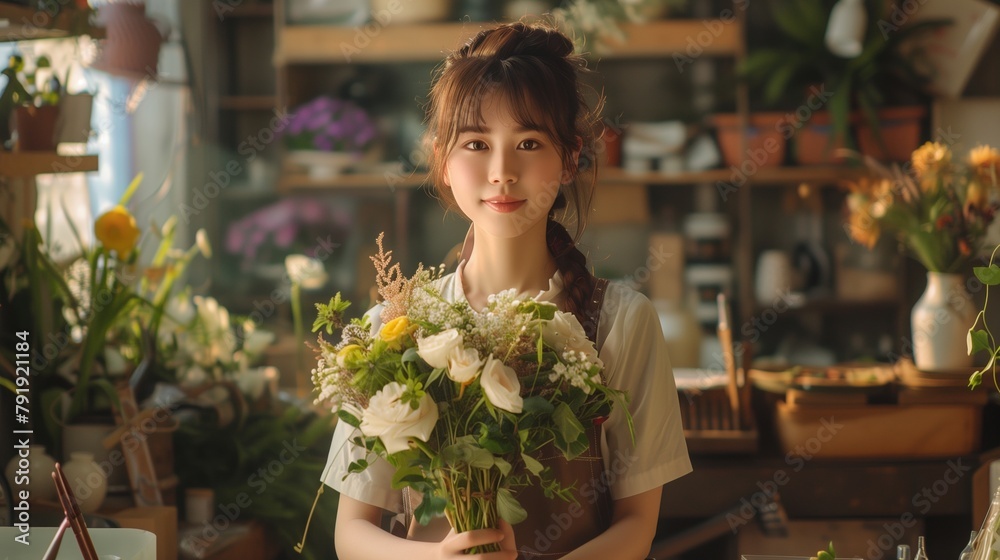 A cute florist girl of Asian appearance with a bouquet of delicate white flowers in her hands. A cute florist girl of Asian appearance with a bouquet of delicate white flowers in her hands.