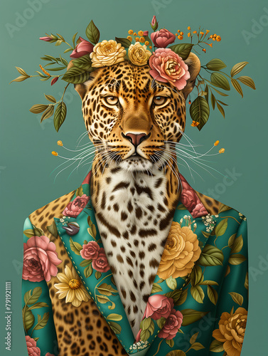 Leopard with Floral Crown in Illustrated Floral Suit

