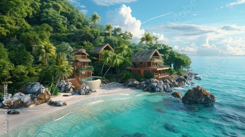 Beach huts on a tropical island with palm trees and white sand.