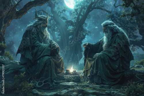 Two old wizards in the forest at night