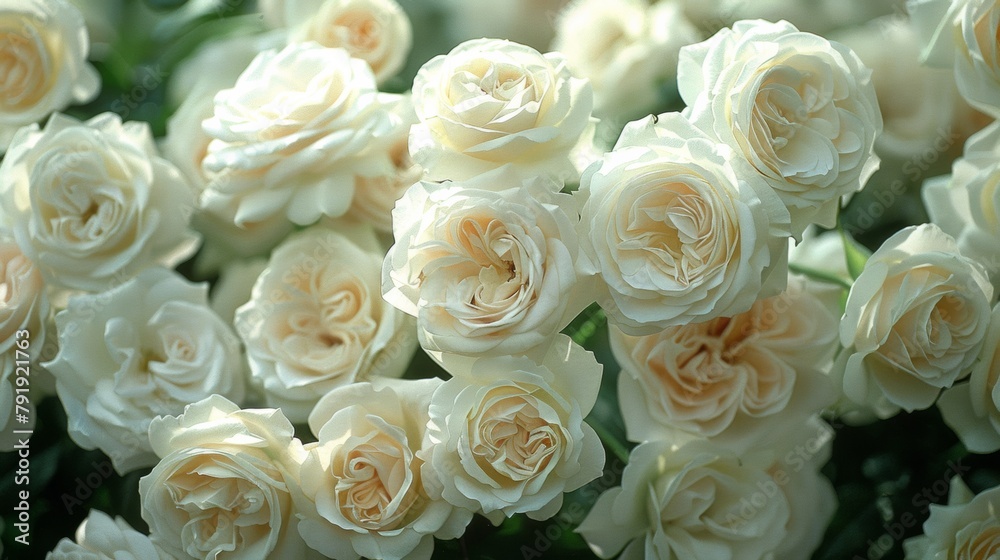 A bunch of white roses are in a group together, AI