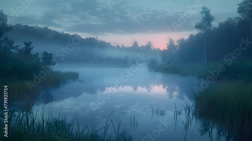 A quiet pond at dawn, using long exposure to capture the smooth surface and the reflections of surrounding trees and sky