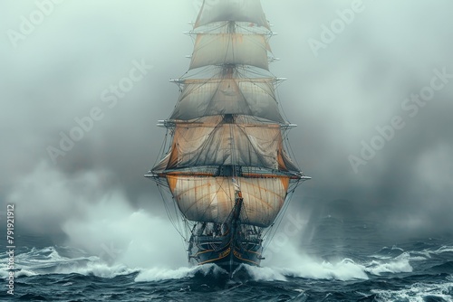 An imposing tall ship, a remnant of a bygone era, valiantly navigates through a tempest, with sails billowing against the formidable waves photo