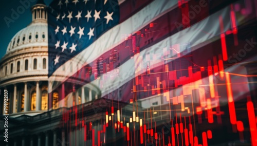 A stock market graph with an American flag and the White House in the background, double exposure photography in the style of abstract expressionism, blurred background Generative AI