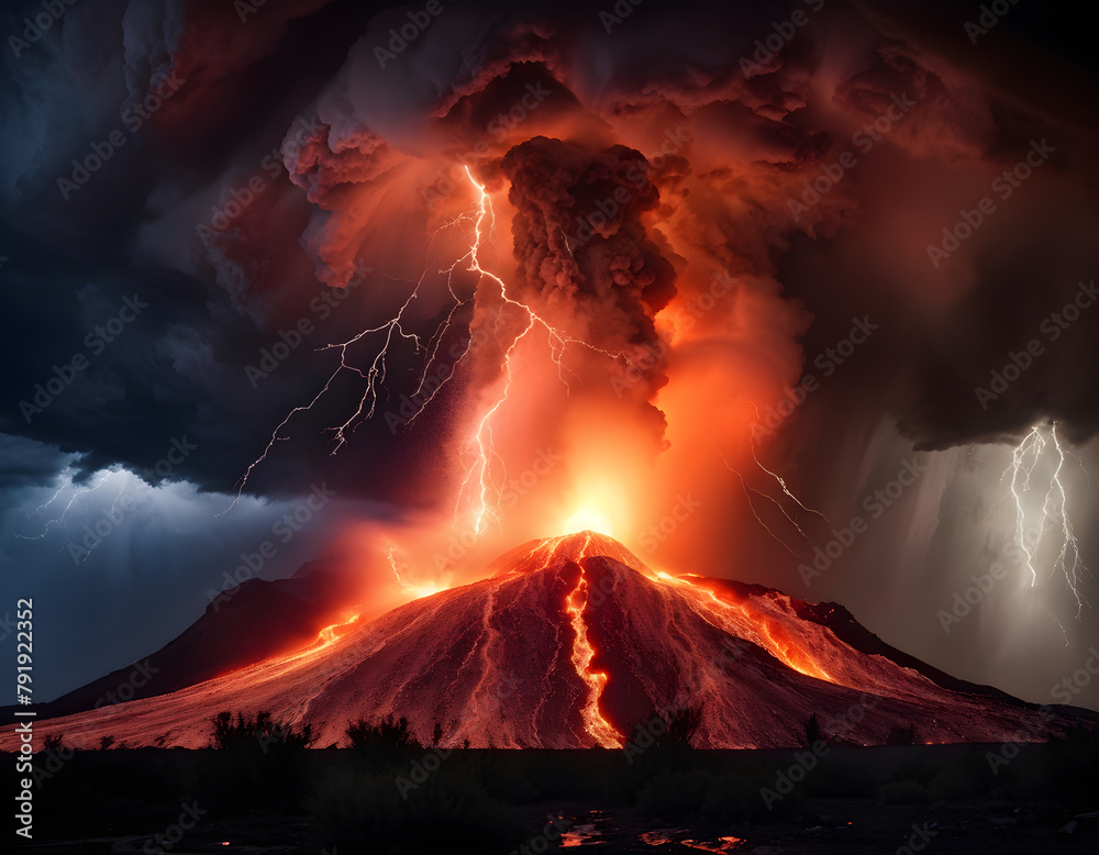Fiery Fury: Volcanic Eruption with Lightning and Lava