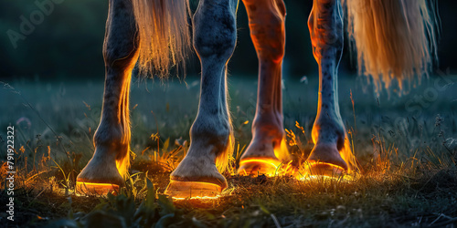 Equine Laminitis: The Hoof Pain and Reluctance to Bear Weight - Imagine a horse with highlighted hooves showing inflammation, experiencing hoof pain and reluctance to bear weight, photo