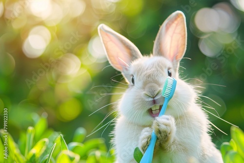 Cute rabbit with fluffy white fur using a toothbrush, in a sunny, grassy field.