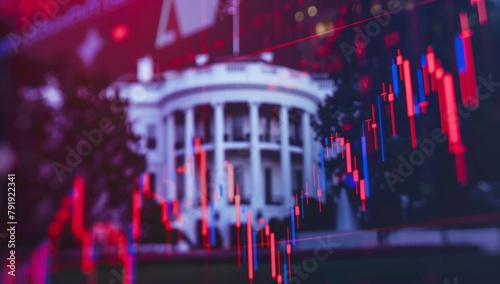 Close up of a stock market chart going down with the White House in the background, featuring red and blue colors and an American flag with a blurry White House background Generative AI photo