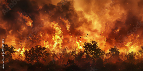 A raging forest fire at night, with bright orange flames leaping high into the sky, casting an eerie glow on the surrounding trees and creating a sense of danger and awe.