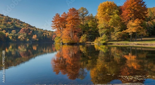 A serene landscape with a calm lake reflecting the colorful autumn trees under a clear blue sky.