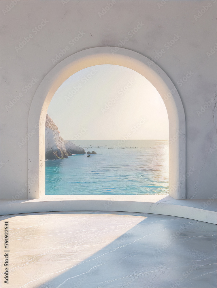 Minimalist render of curved archway with bright seascape view beyond in light blue and beige tones, evoking tranquility and serenity.