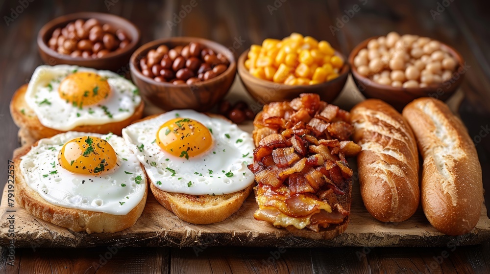 A wooden cutting board with a variety of breads and eggs, AI A wooden cutting board with a variety of breads and eggs, AI
