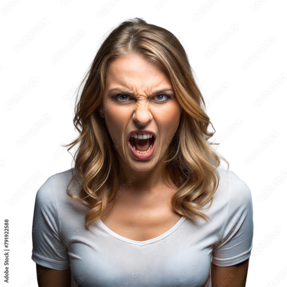 Angry young woman shouting, isolated on a transparent background Angry young woman shouting, isolated on a transparent background