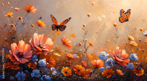 Misty Morning Tranquility: Serene Oil Painting of Dew-Kissed Flowers and Butterflies © Thien Vu