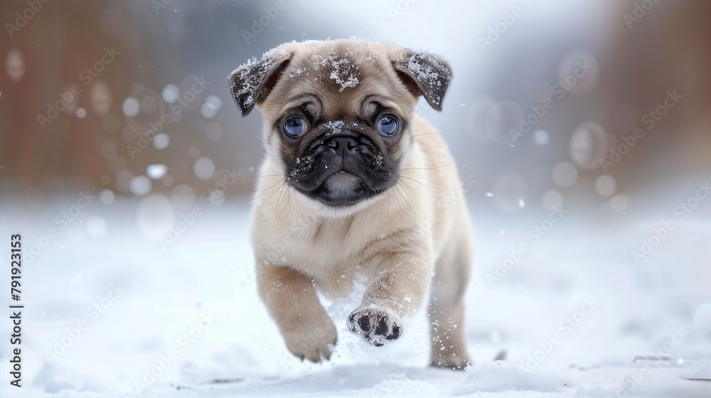 A small brown and white pug Charles Spanie puppy is running through the snow A small brown and white pug Charles Spanie puppy is running through the snow
