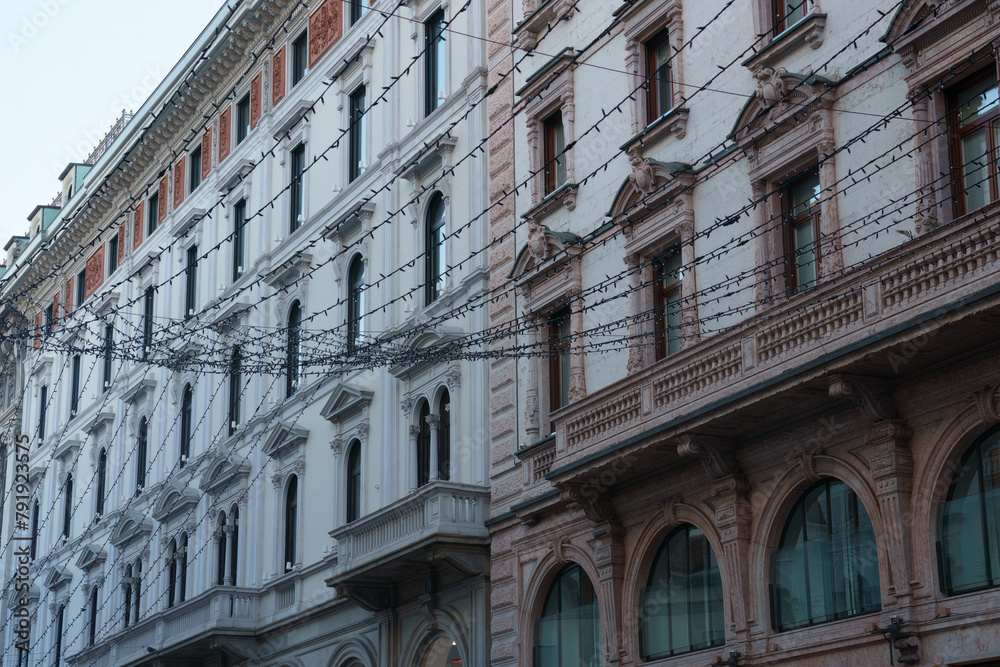 Historic buildings along via Dante in Milan, Italy