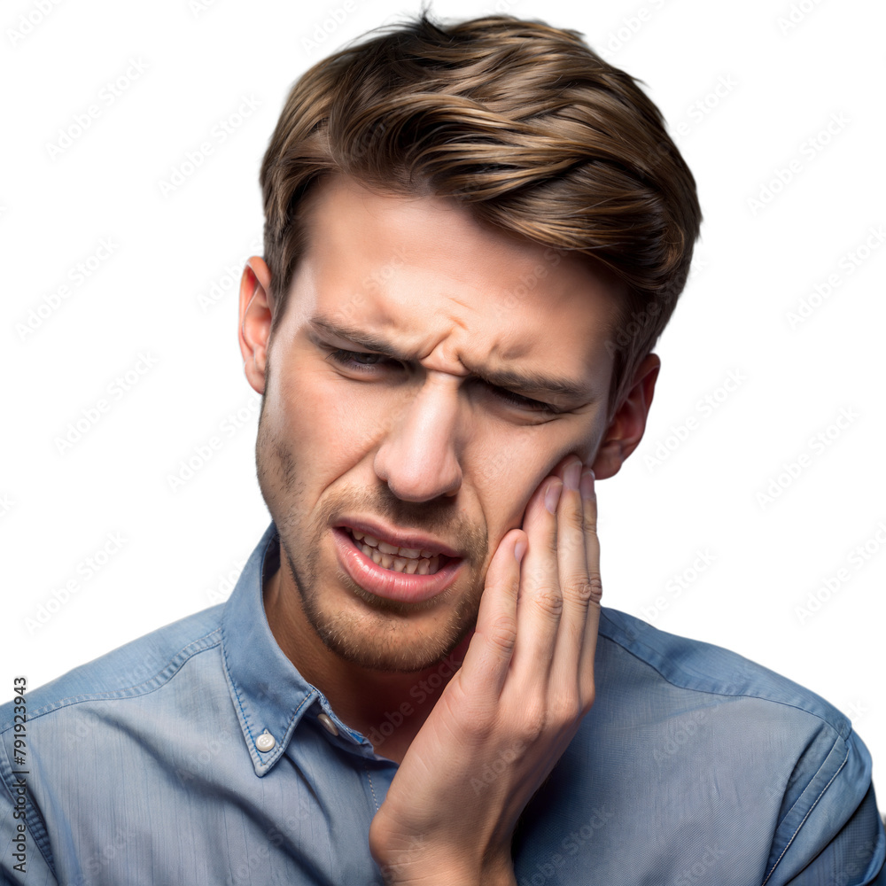 Young man in blue shirt feeling severe tooth pain Young man in blue shirt feeling severe tooth pain